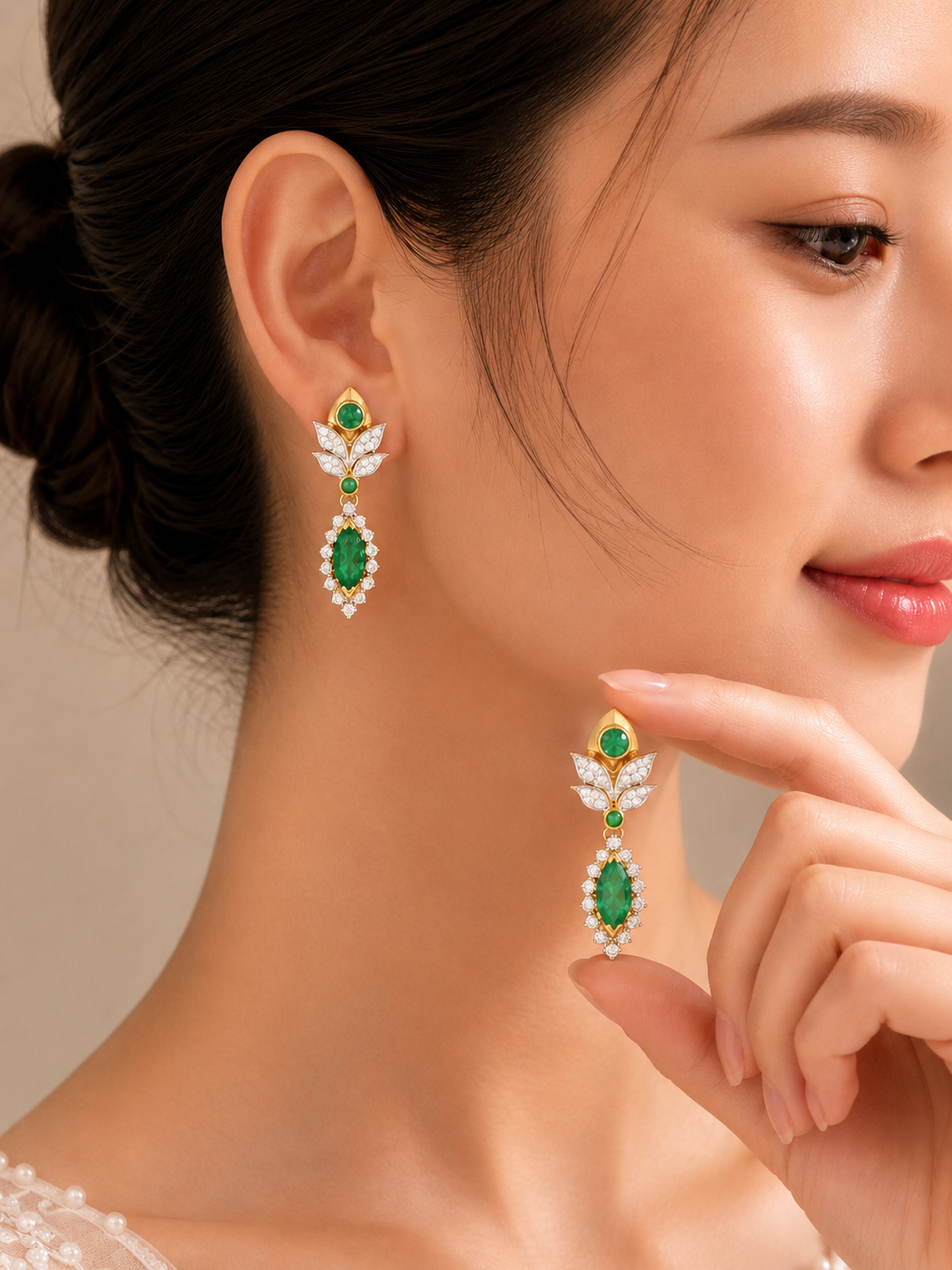 1.05 ct Oval Emerald with White Diamond Earrings in 18K Gold