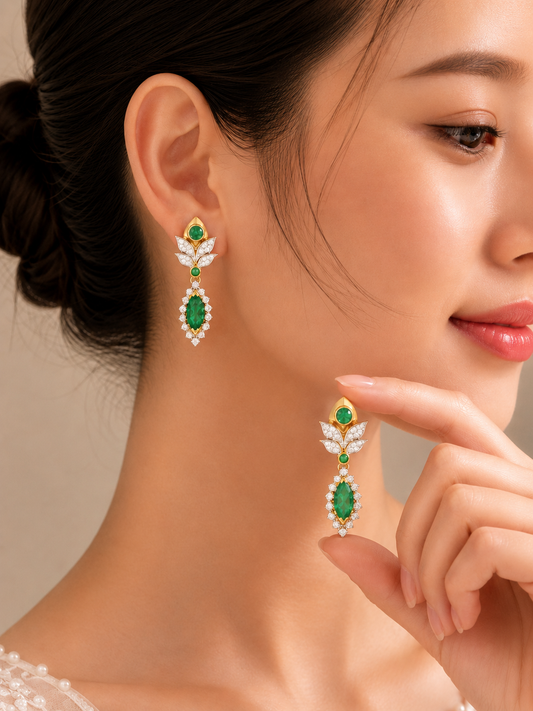 1.05 ct Oval Emerald with White Diamond Earrings in 18K Gold
