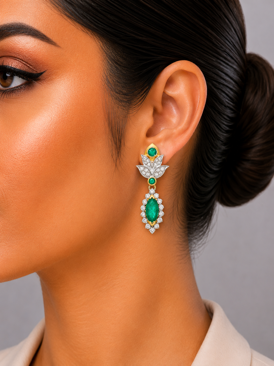 1.05 ct Oval Emerald with White Diamond Earrings in 18K Gold