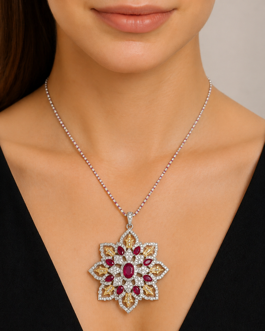 4.35 ct 18K White Diamond Ruby Floral Pendant oval center