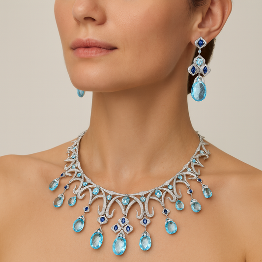 18K White Gold Blue Topaz Sapphire Drop Necklace Set