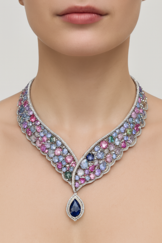 18K White Gold Multi color Sapphire Diamond Drop Necklace Pear Center