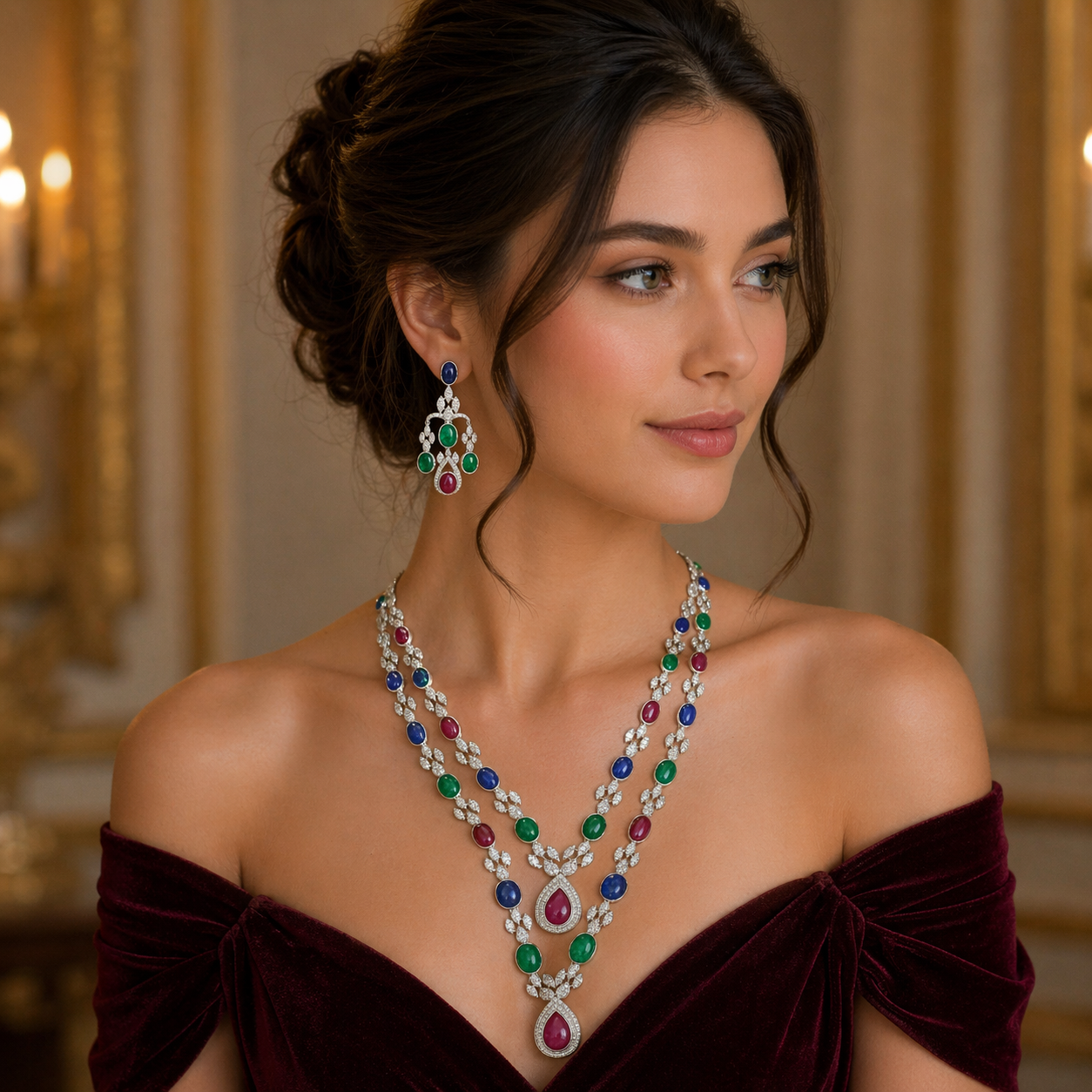 18K Gold Ruby Emerald Sapphire Cluster Necklace with White Diamonds