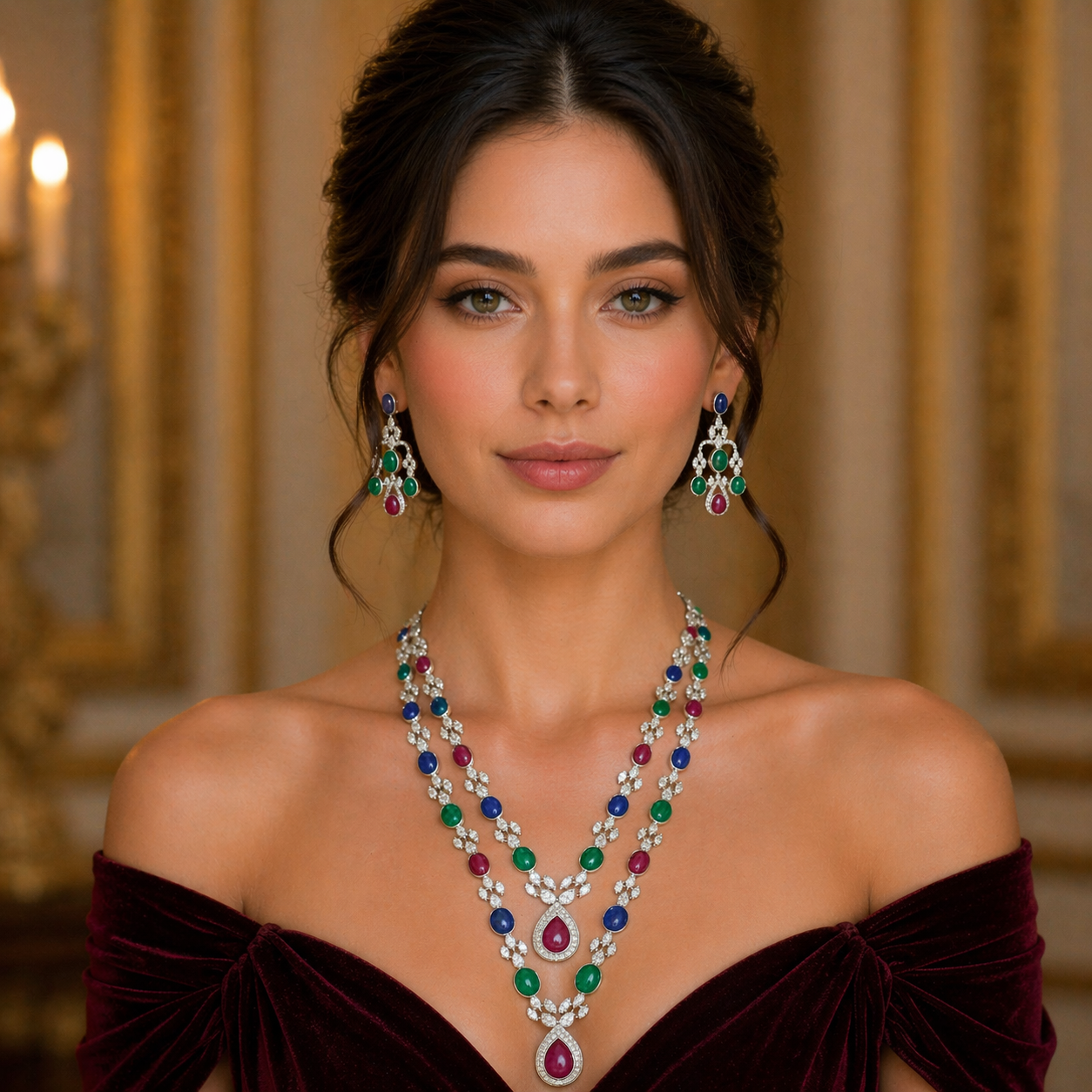 18K Gold Ruby Emerald Sapphire Cluster Necklace with White Diamonds