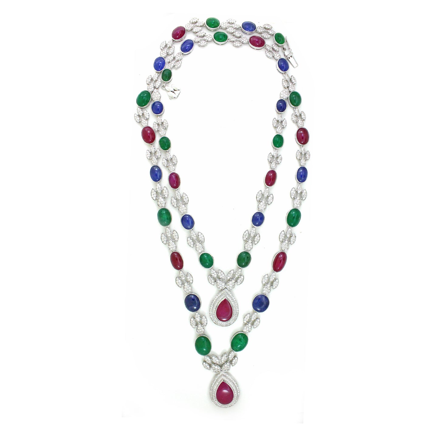 18K Gold Ruby Emerald Sapphire Cluster Necklace with White Diamonds