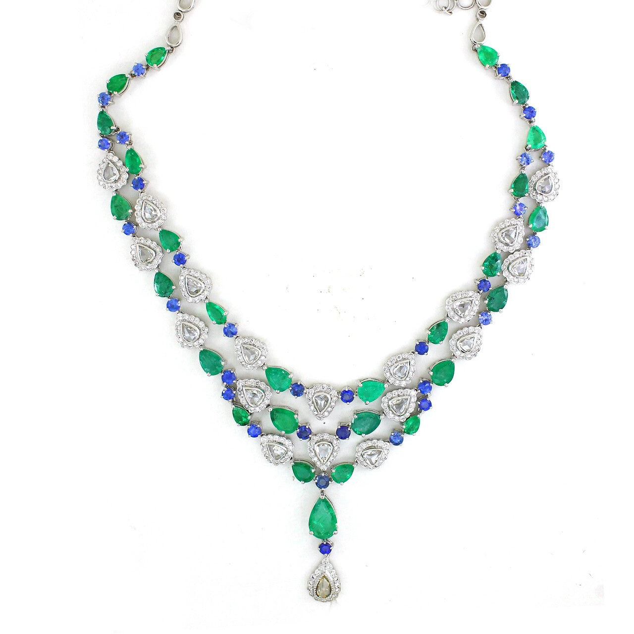 18K Gold Emerald Sapphire Halo Necklace with Rose Cut Diamonds
