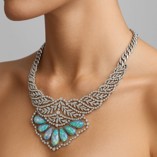 18K Gold White Diamond Floral Necklace with Opal Centerpiece