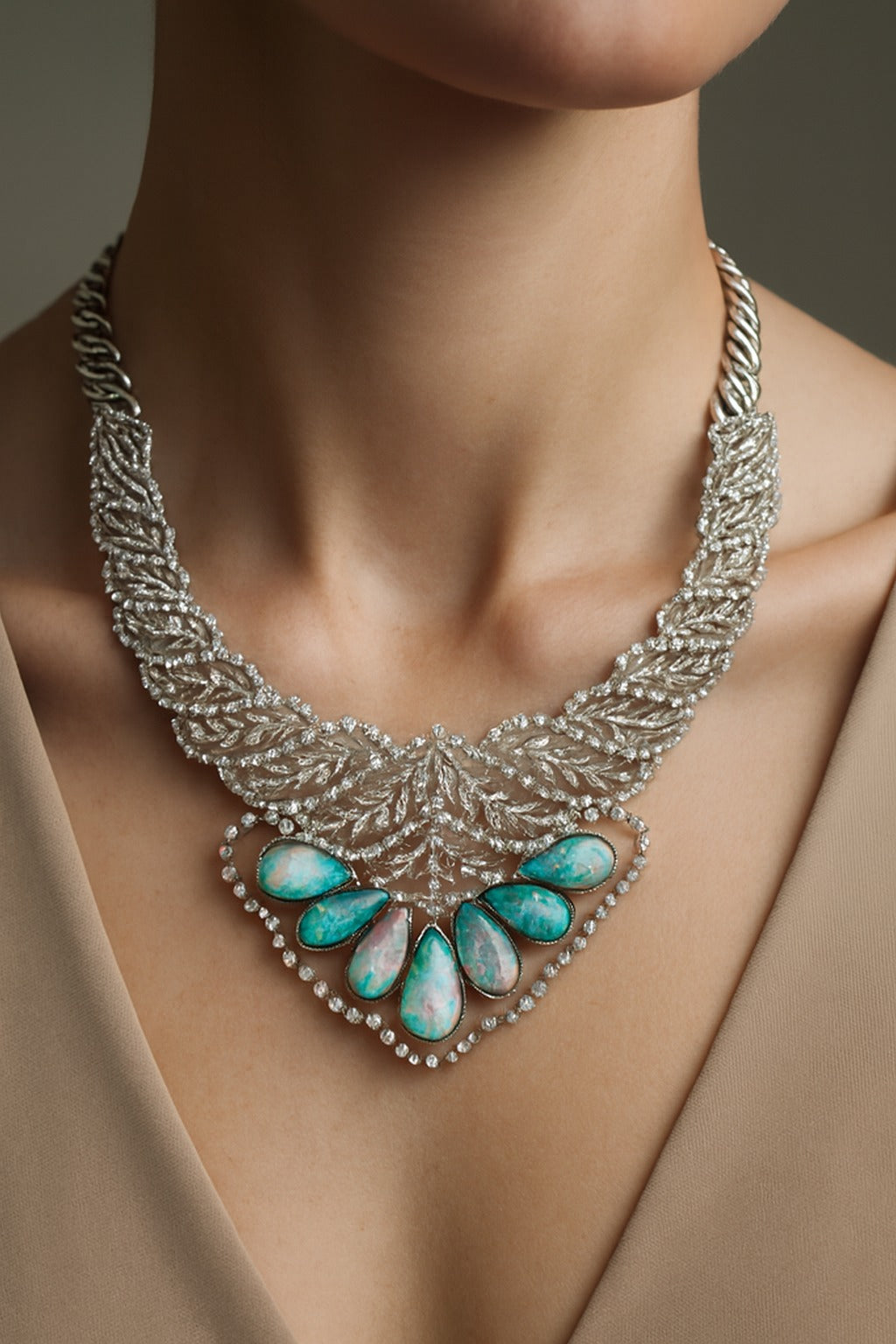 18K Gold White Diamond Floral Necklace with Opal Centerpiece