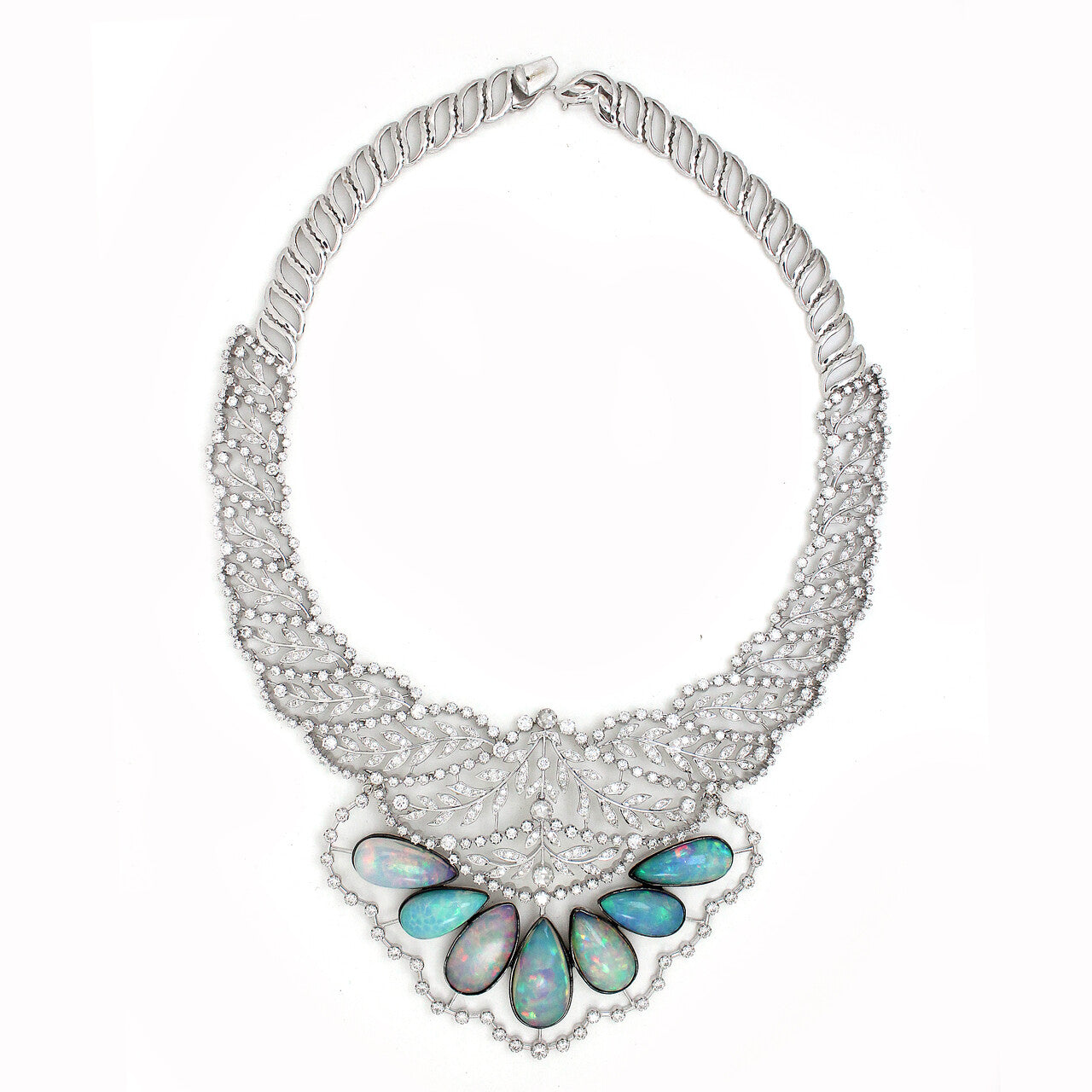 18K Gold White Diamond Floral Necklace with Opal Centerpiece