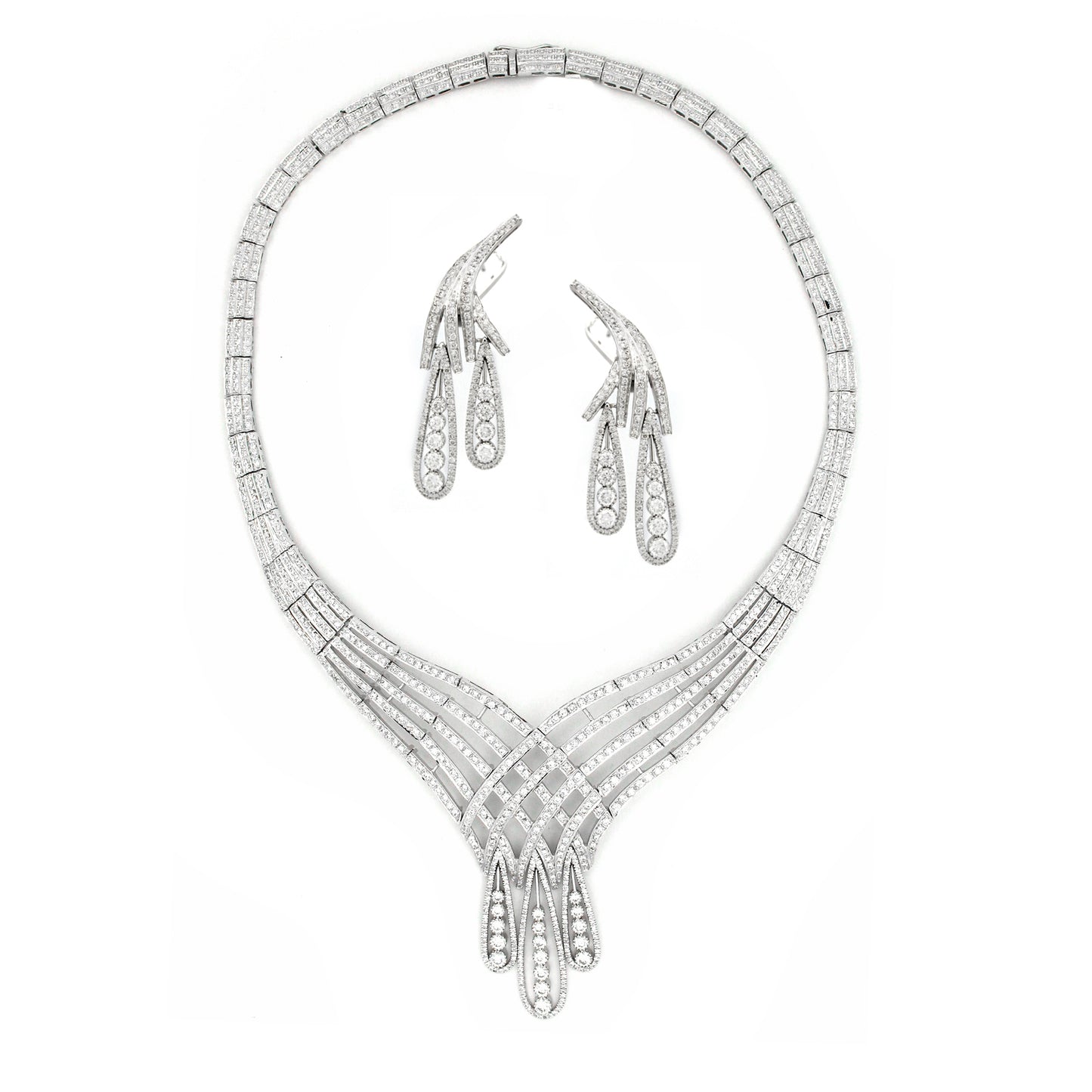 18K Gold White Diamond Modern Necklace with Drop Motif