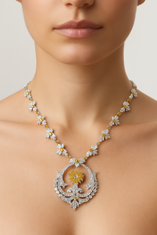 18K Gold Mix Color Diamond Floral Necklace with Round Center