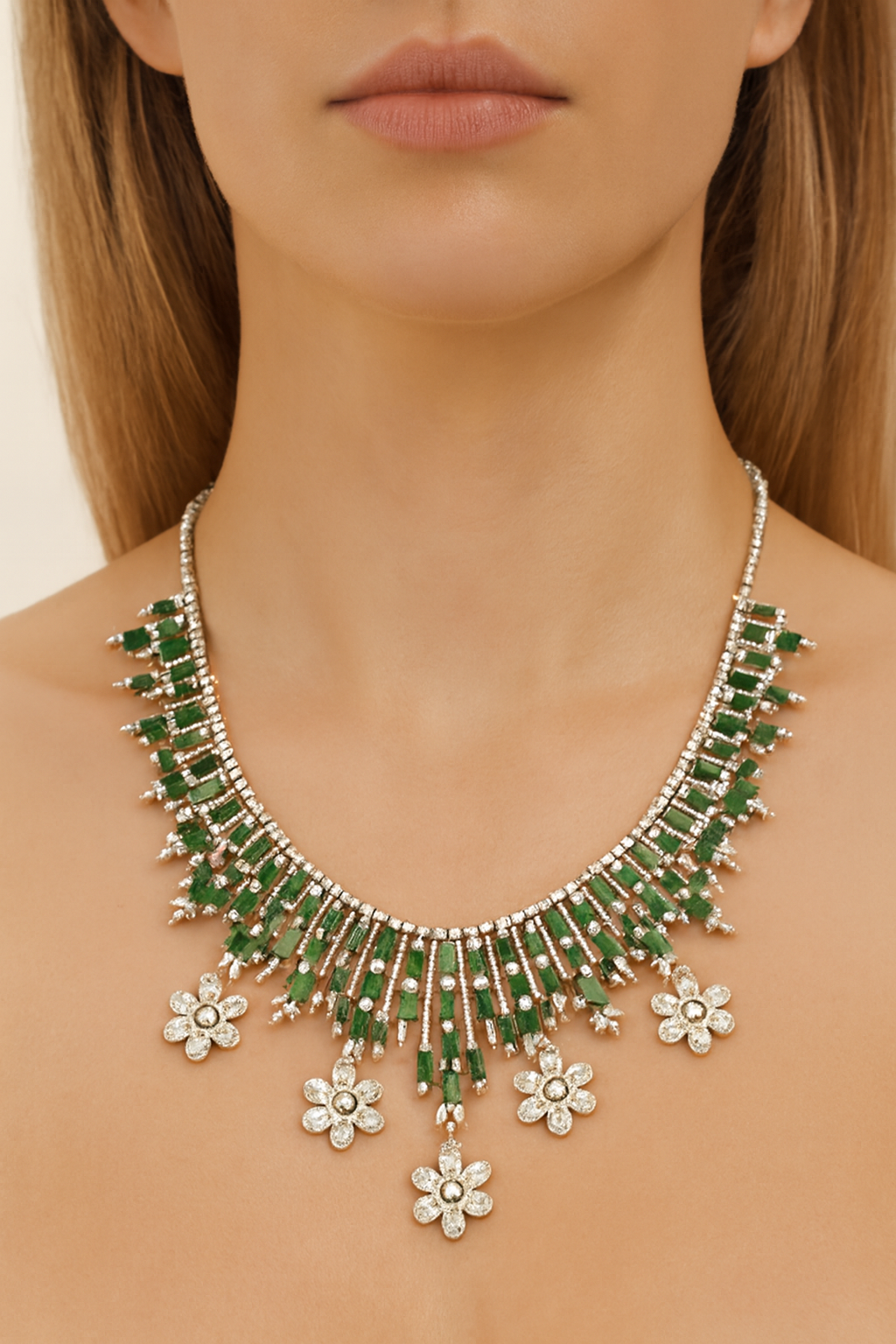 18K Gold Emerald Floral Necklace with White Diamonds