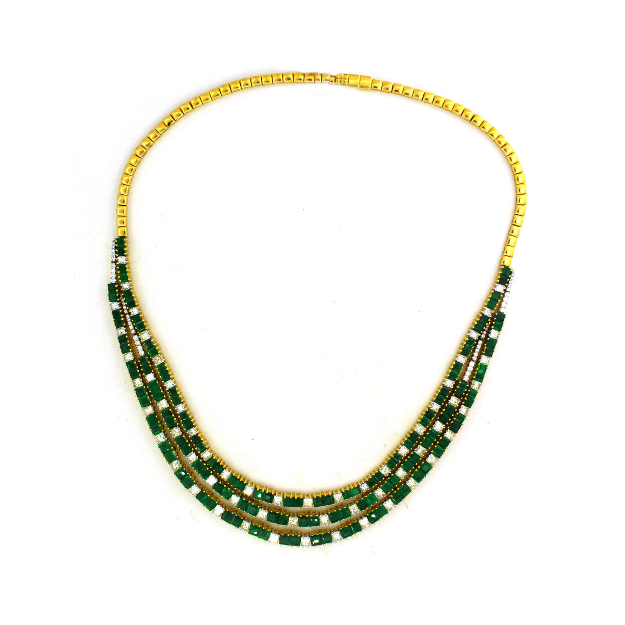 18K Gold Emerald Tennis Necklace with Princess Cut Diamonds