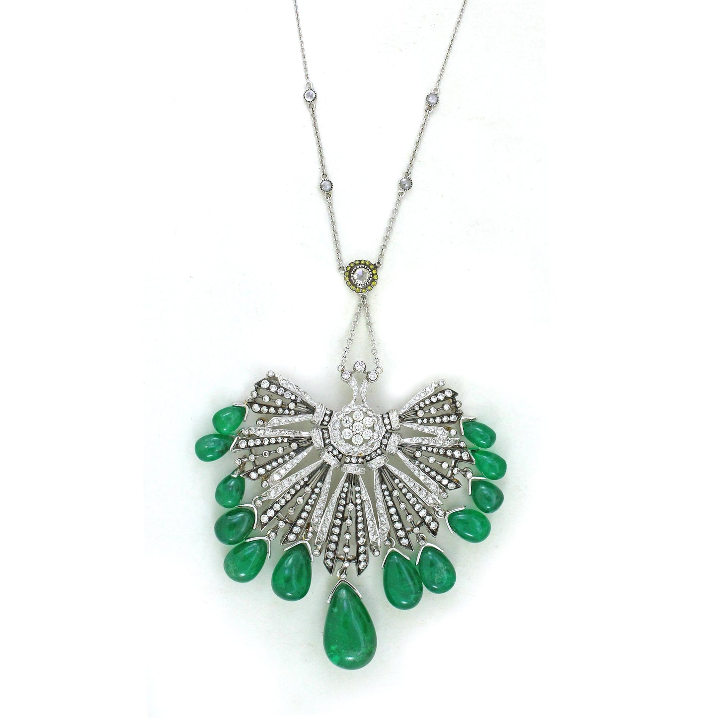 18K Gold Emerald Rose Cut Diamond Drop Necklace Set