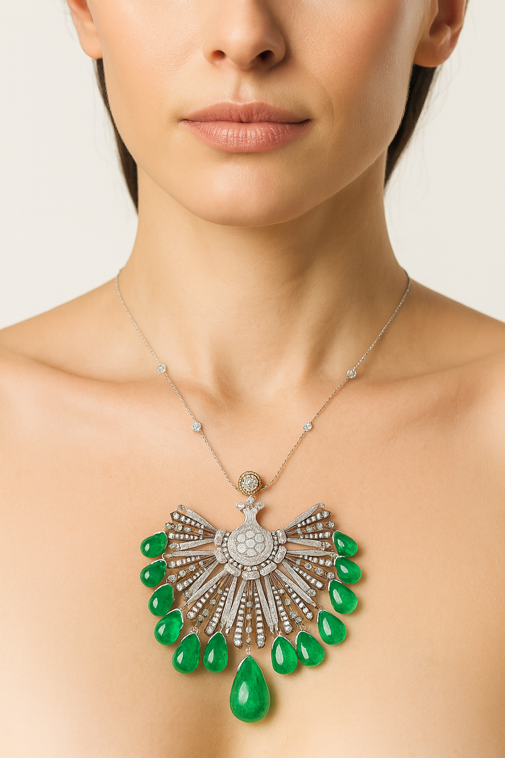 18K Gold Emerald Rose Cut Diamond Drop Necklace Set