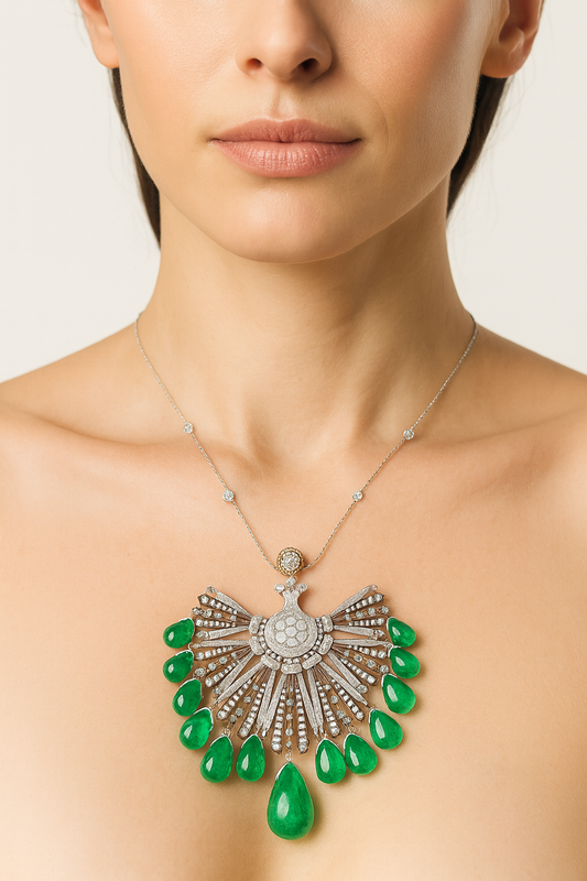 18K Gold Emerald Rose Cut Diamond Drop Necklace Set