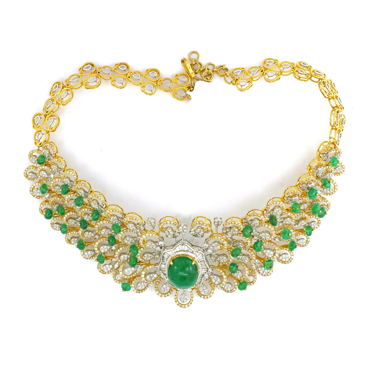 18K Gold Emerald Floral Cluster Necklace with White Diamonds