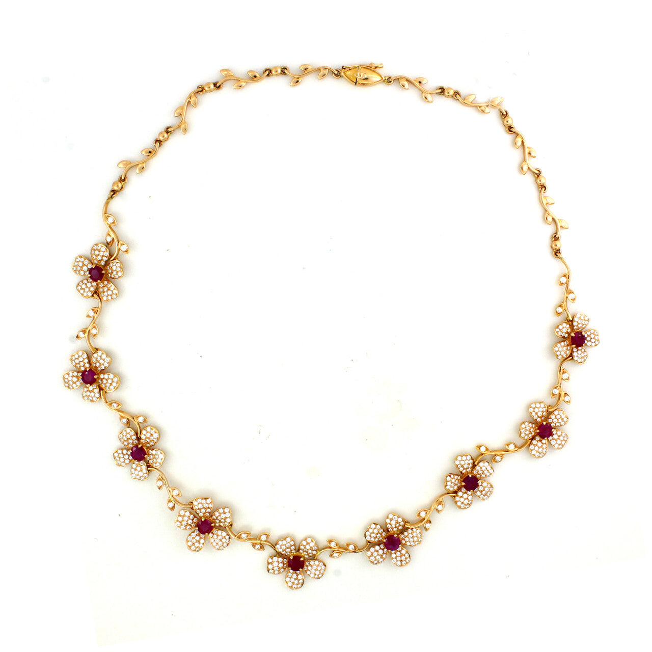 18K Gold Ruby and White Diamond Floral Necklace