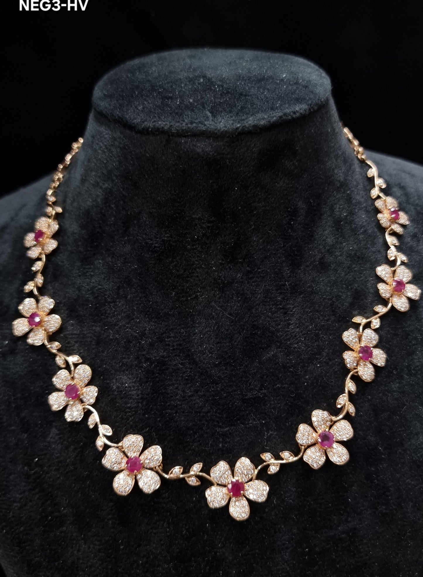 18K Gold Ruby and White Diamond Floral Necklace