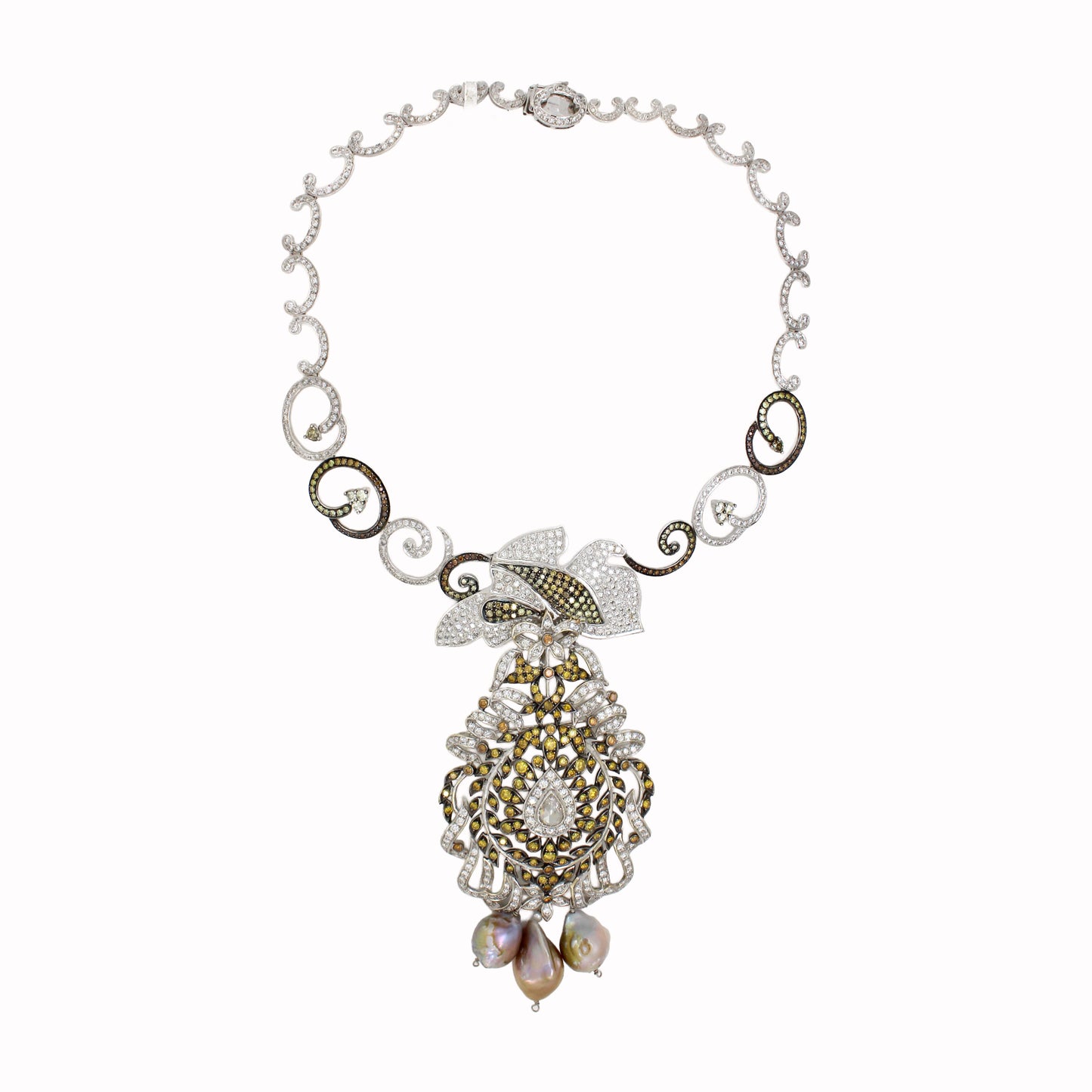 18K Gold Natural Fancy Color Diamonds Floral Necklace with Pear Shape Center diamond