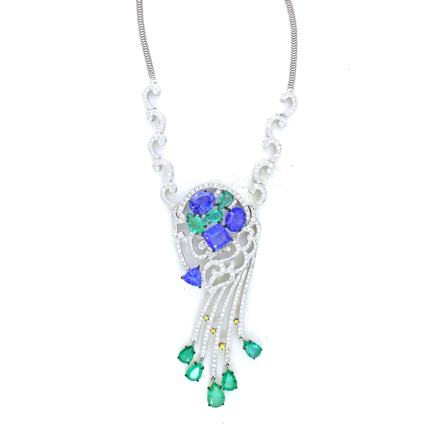 18K Gold Tanzanite and Diamond Necklace with Emerald Drops