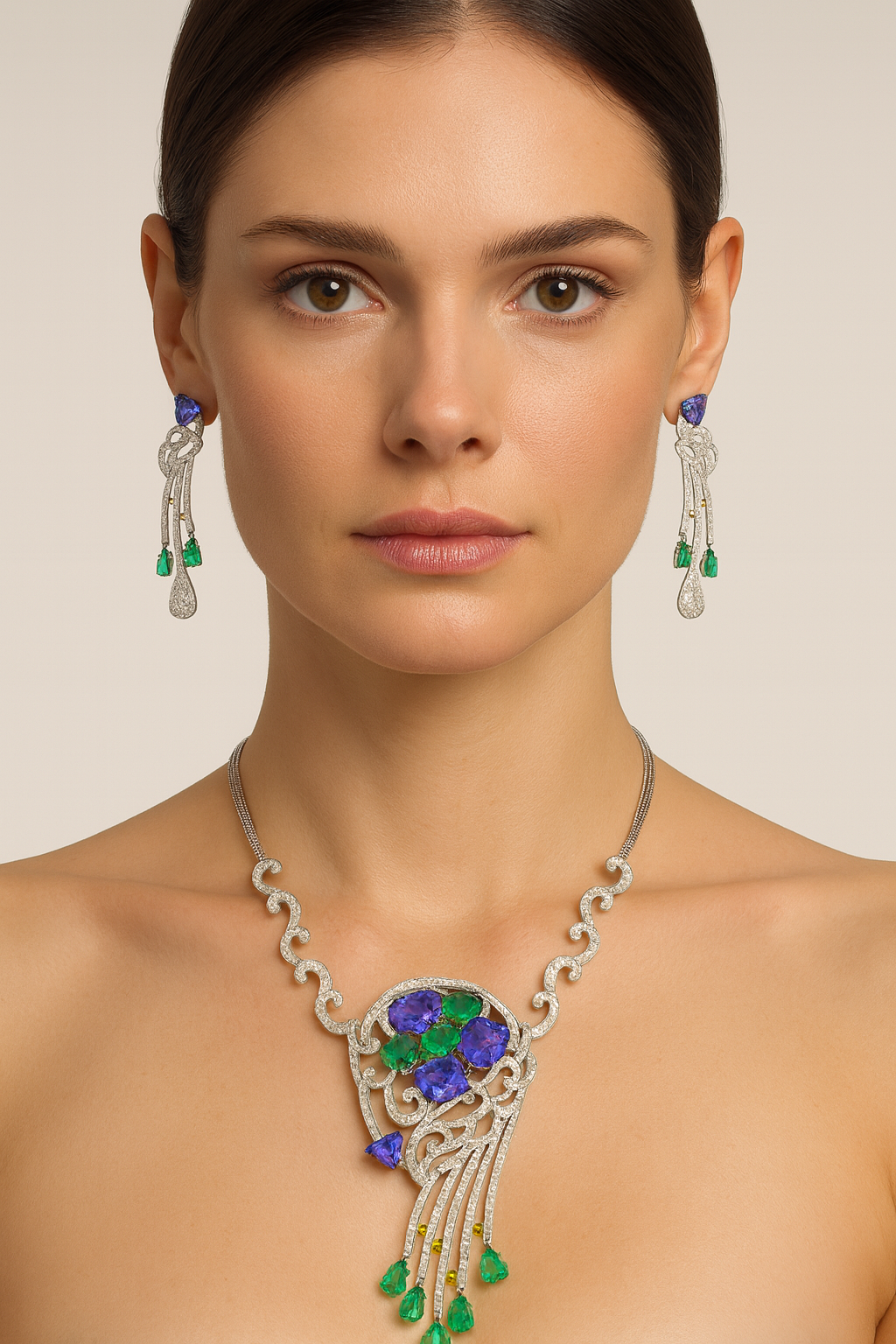 18K Gold Tanzanite and Diamond Necklace with Emerald Drops