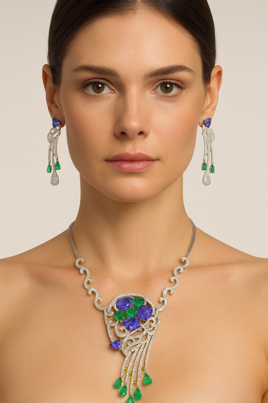 18K Gold Tanzanite and Diamond Necklace with Emerald Drops