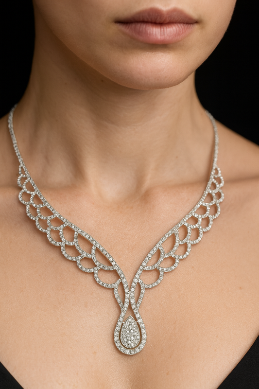 18K Gold White Diamond Modern Necklace with Pear Drop