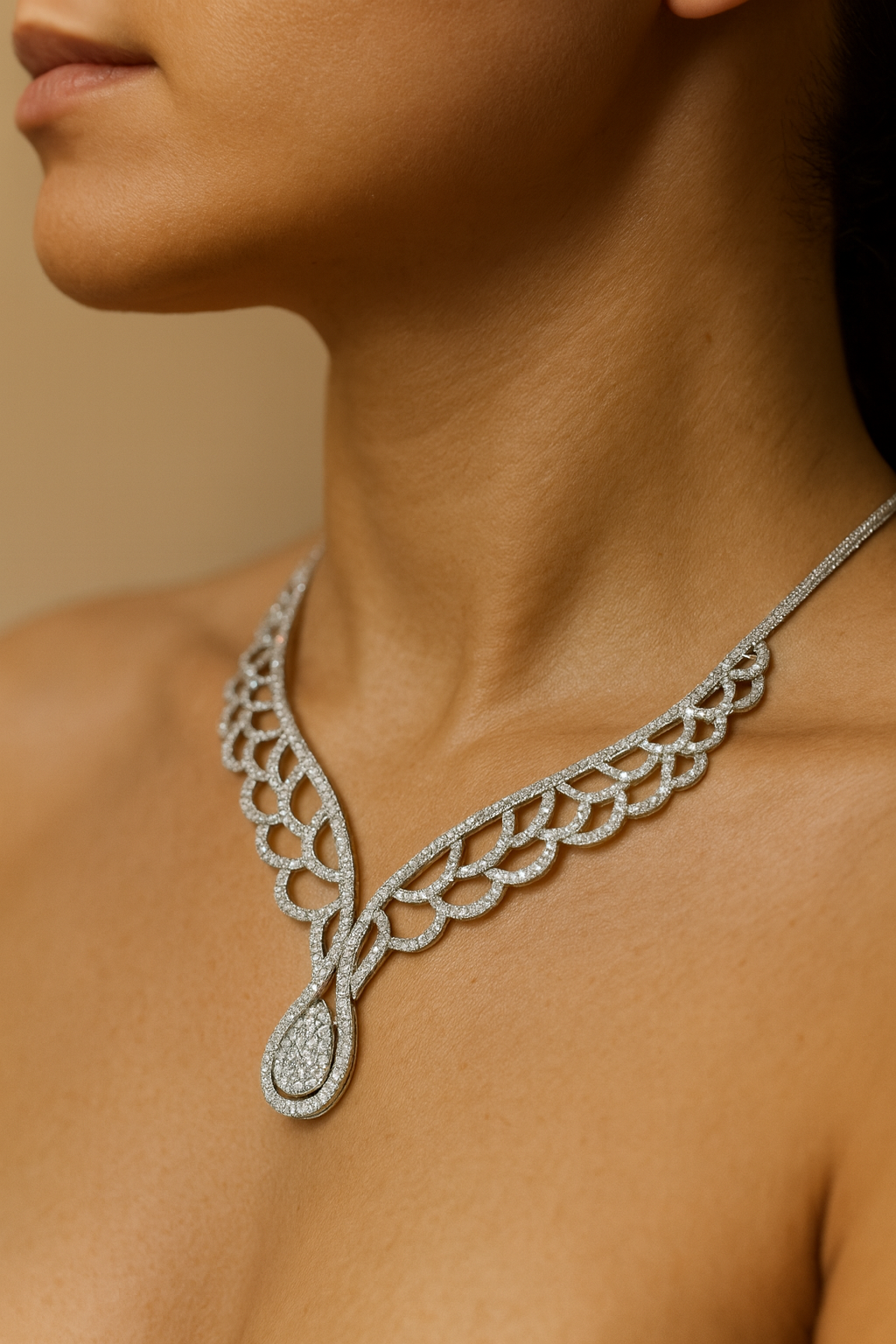 18K Gold White Diamond Modern Necklace with Pear Drop