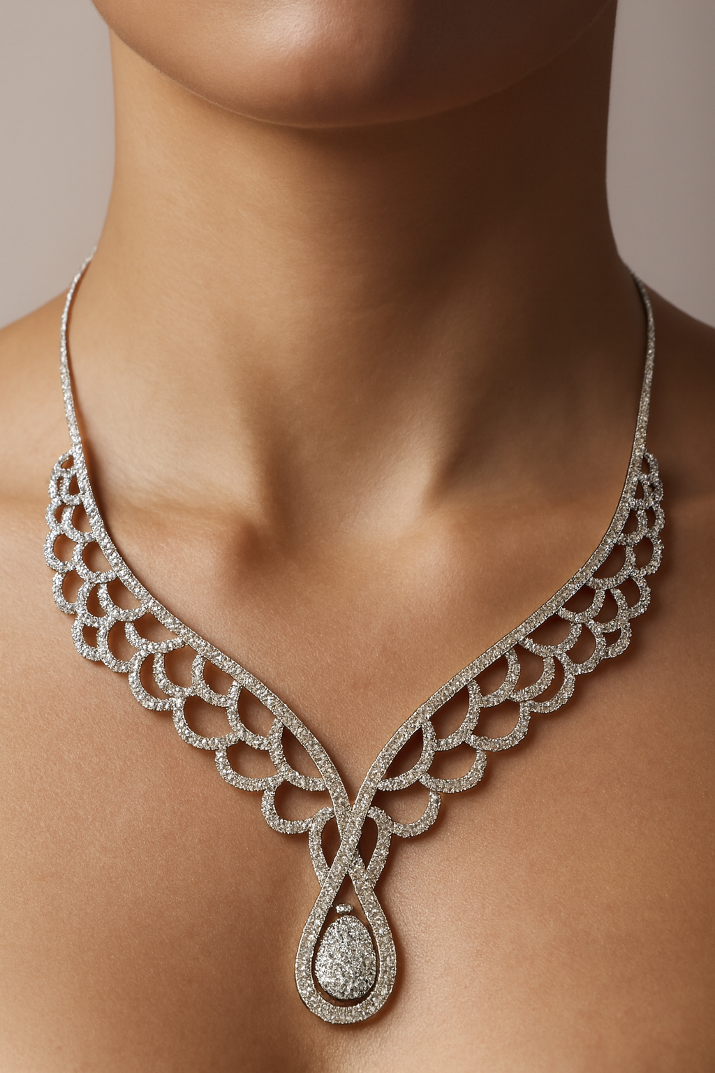 18K Gold White Diamond Modern Necklace with Pear Drop