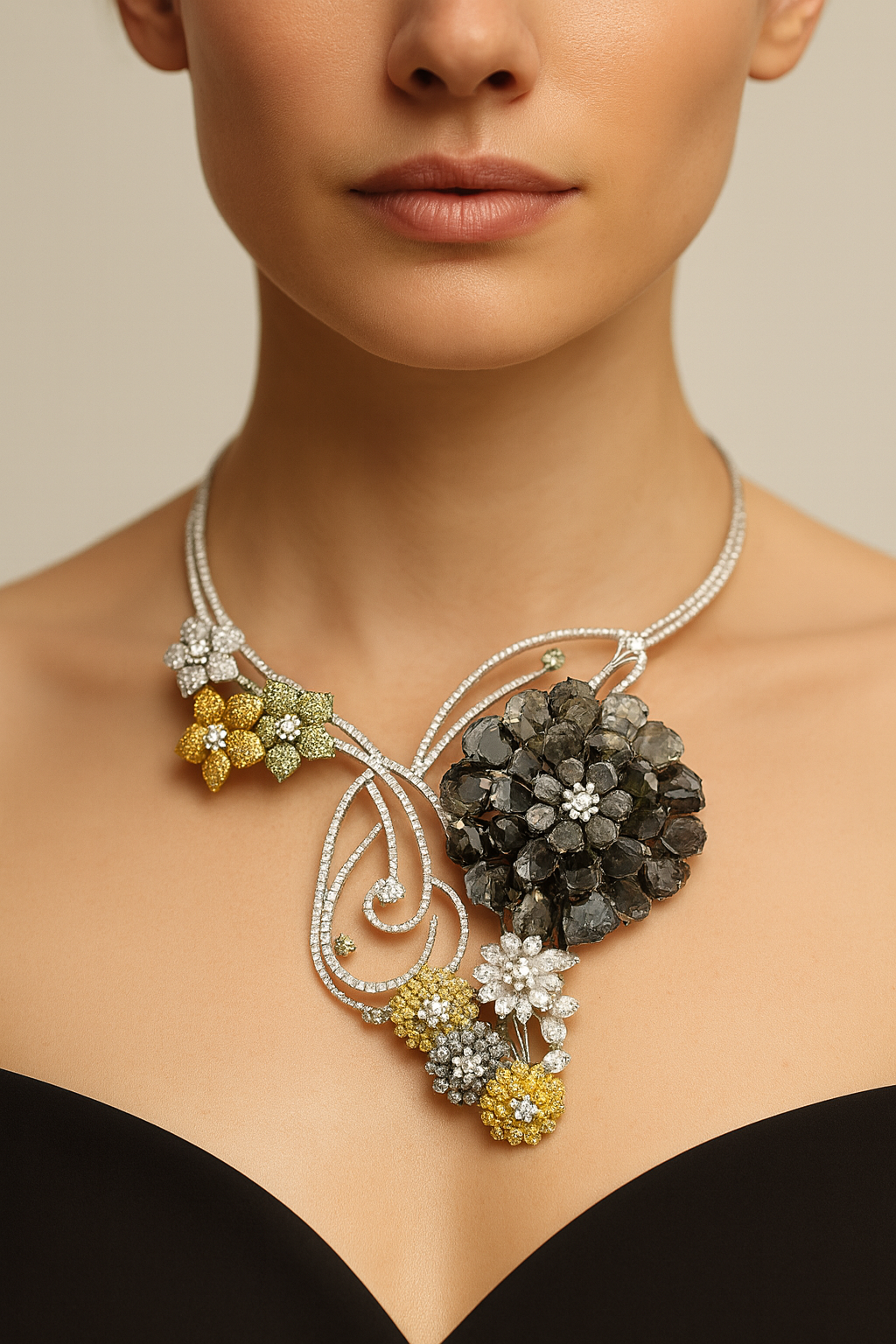 18K Gold Emerald Floral Necklace with Slice Diamonds