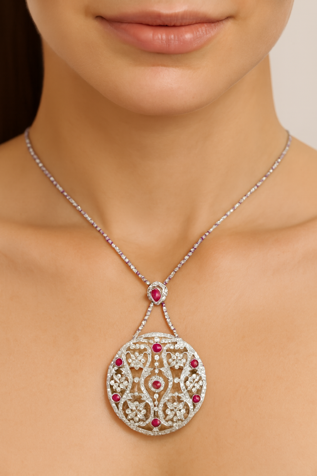 18K White Gold Ruby Diamond Filigree Necklace with Oval Center