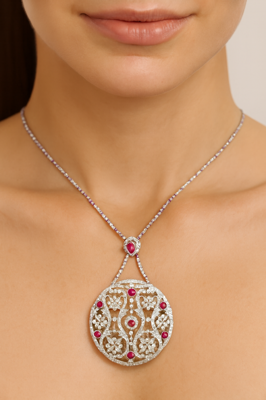 18K White Gold Ruby Diamond Filigree Necklace with Oval Center