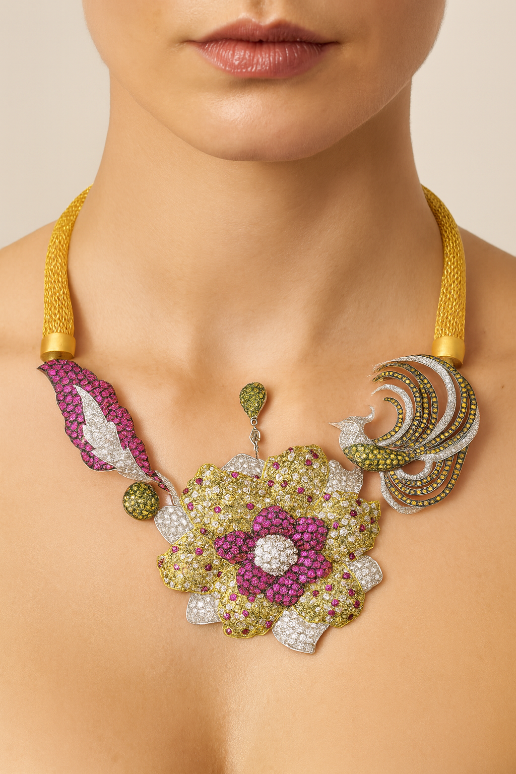 18K Gold Ruby and Fancy Color Diamonds Floral Necklace