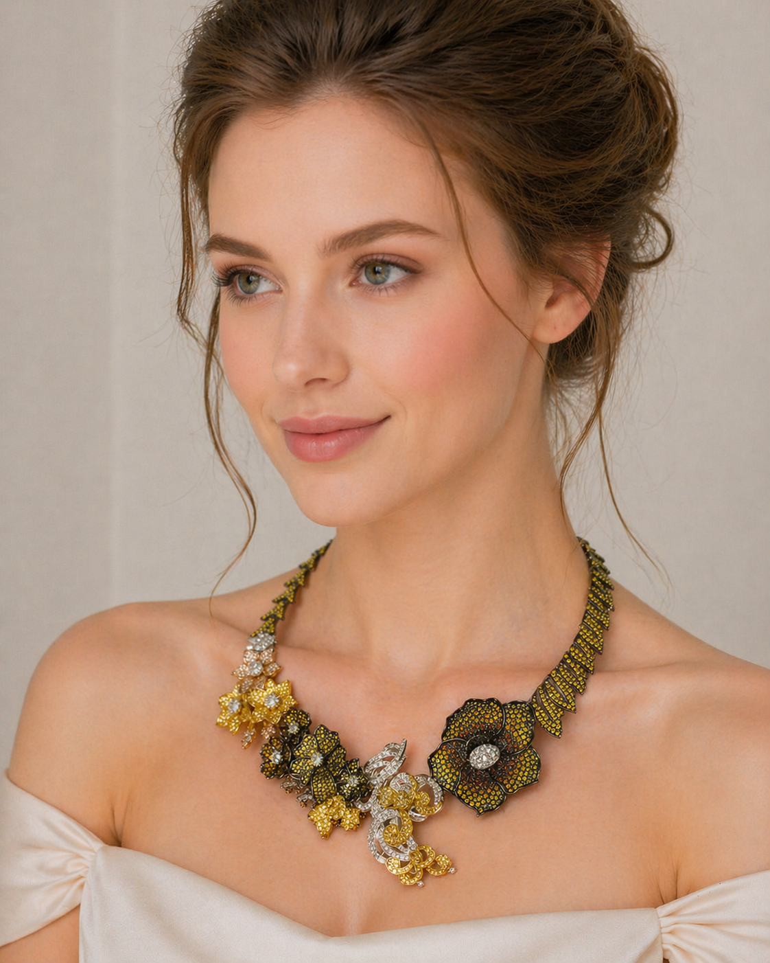 18K Gold Mix Color Diamond Floral Necklace with White Diamonds