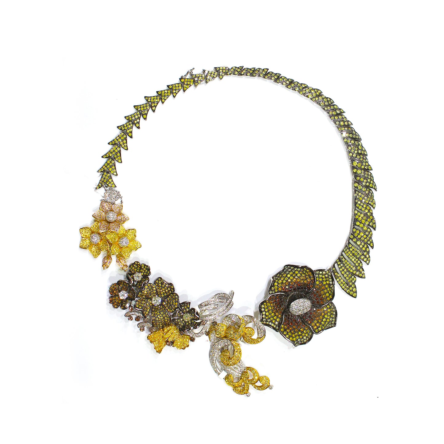 18K Gold Mix Color Diamond Floral Necklace with White Diamonds