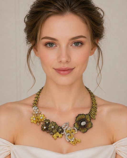 18K Gold Mix Color Diamond Floral Necklace with White Diamonds