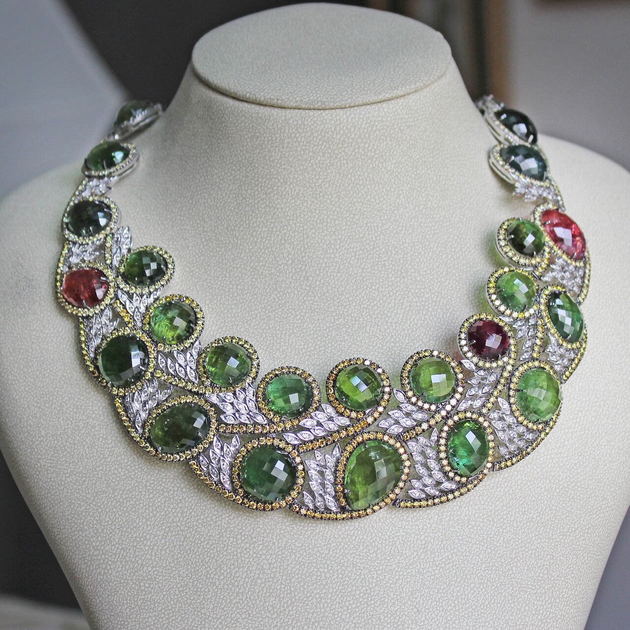 18K Gold Fancy Color Tourmaline Necklace with diamonds