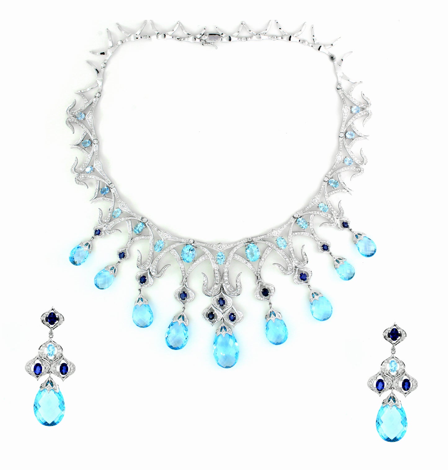 18K White Gold Blue Topaz Sapphire Drop Necklace Set