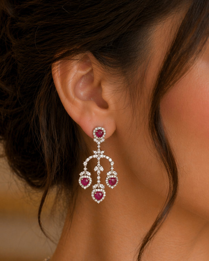 14K White Gold Ruby Halo Necklace Set with White Diamonds