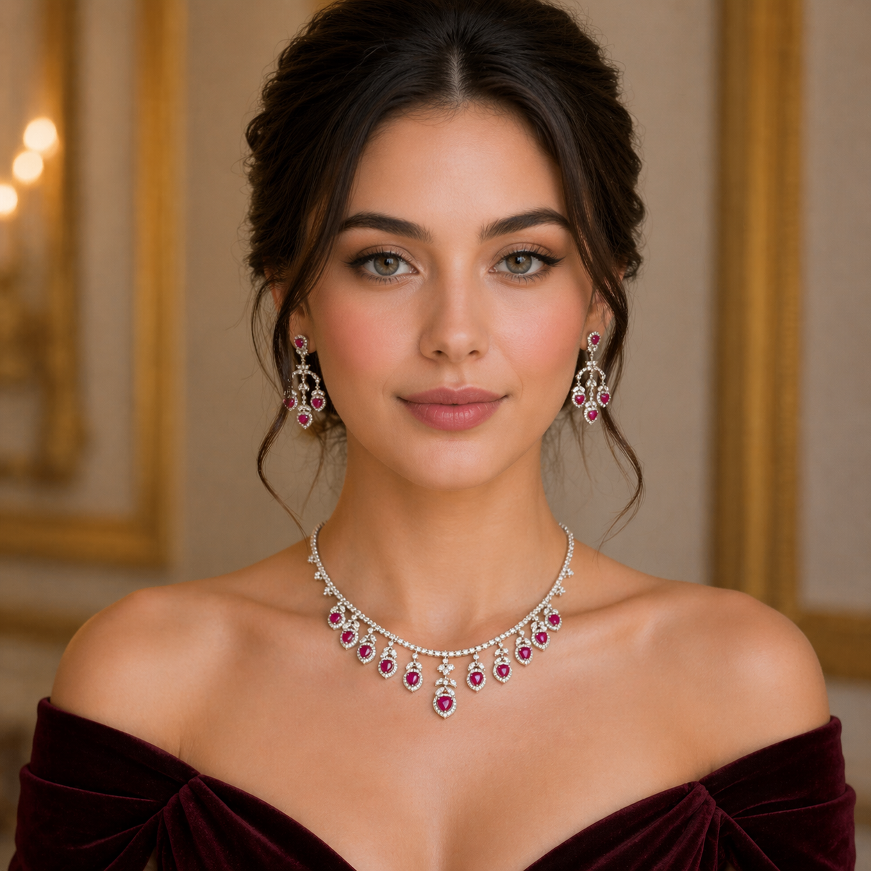 14K White Gold Ruby Halo Necklace Set with White Diamonds