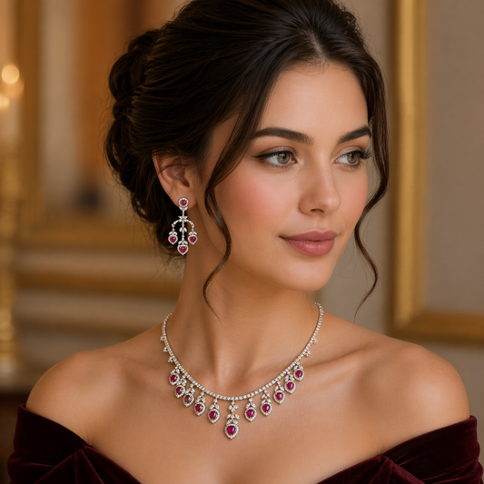 14K White Gold Ruby Halo Necklace Set with White Diamonds