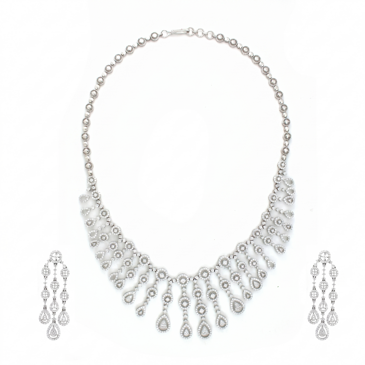 14K White Gold Diamond Floral Necklace Set with Pear Drops