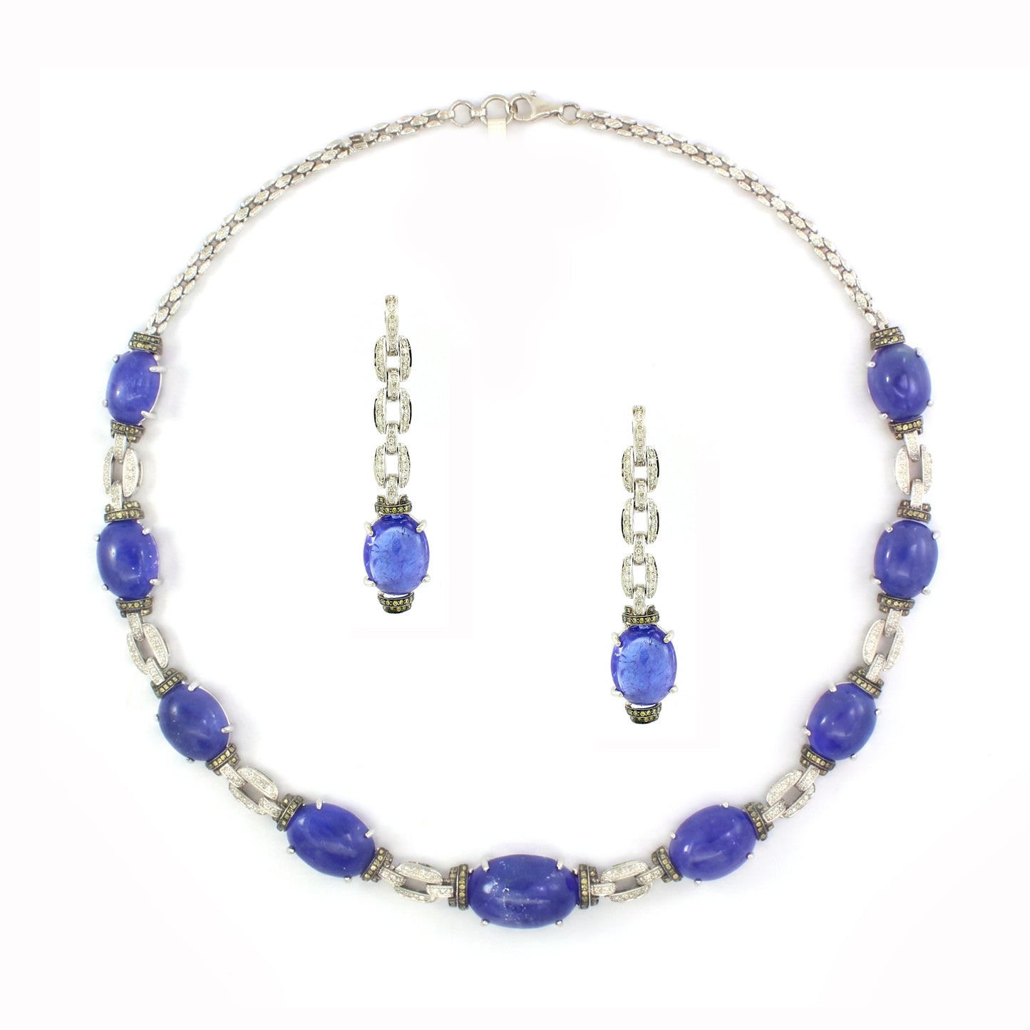 18K Gold Tanzanite Modern Necklace Set with White Diamonds
