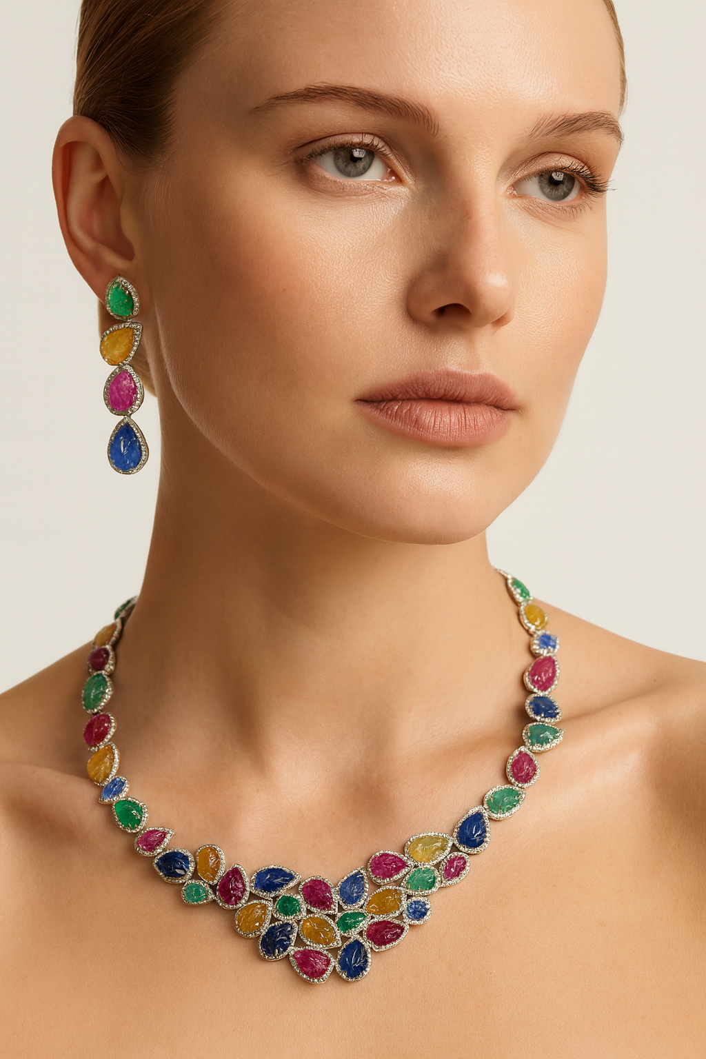 18K Gold Mix Color Diamond Floral Necklace Set