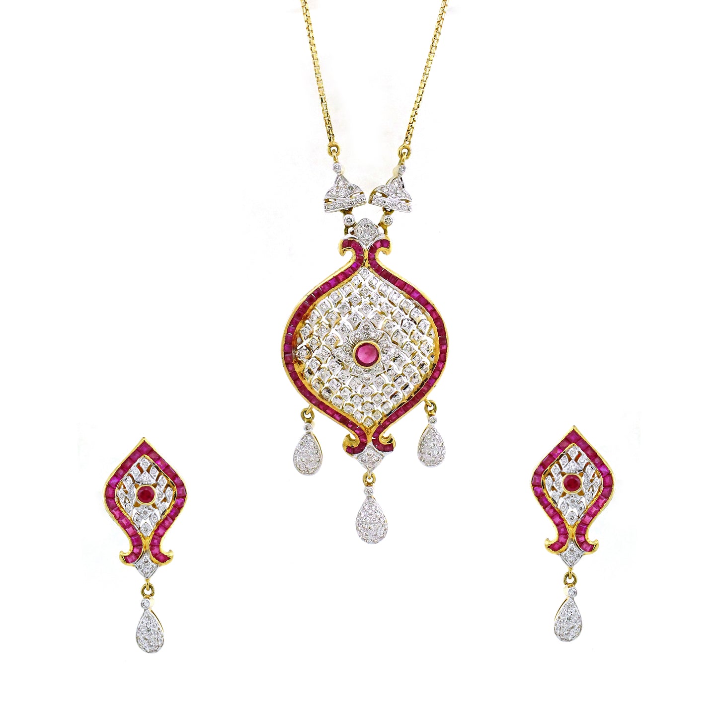 18K Gold Ruby and White Diamond Drop Necklace