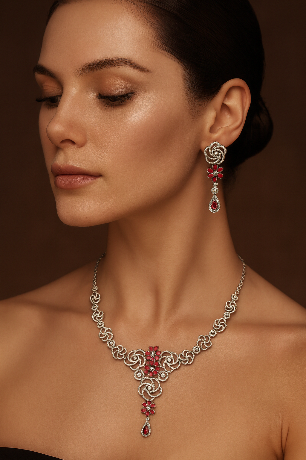 14K White Gold Ruby Floral Necklace Set with White Diamonds