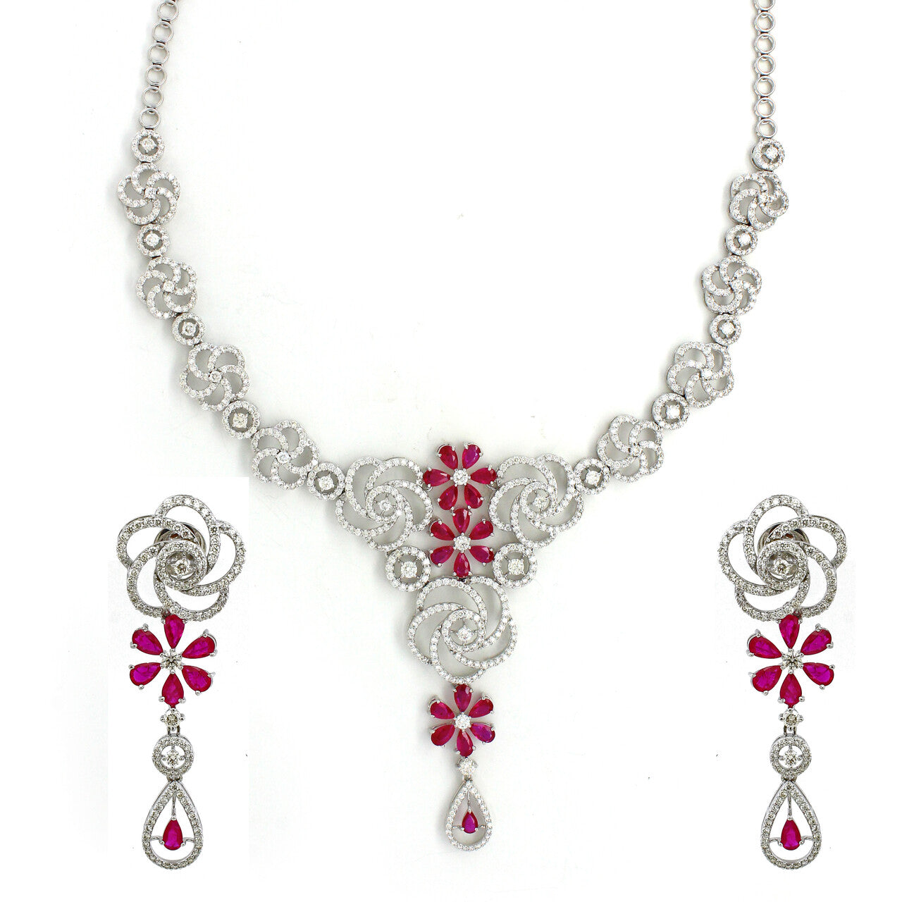 14K White Gold Ruby Floral Necklace Set with White Diamonds