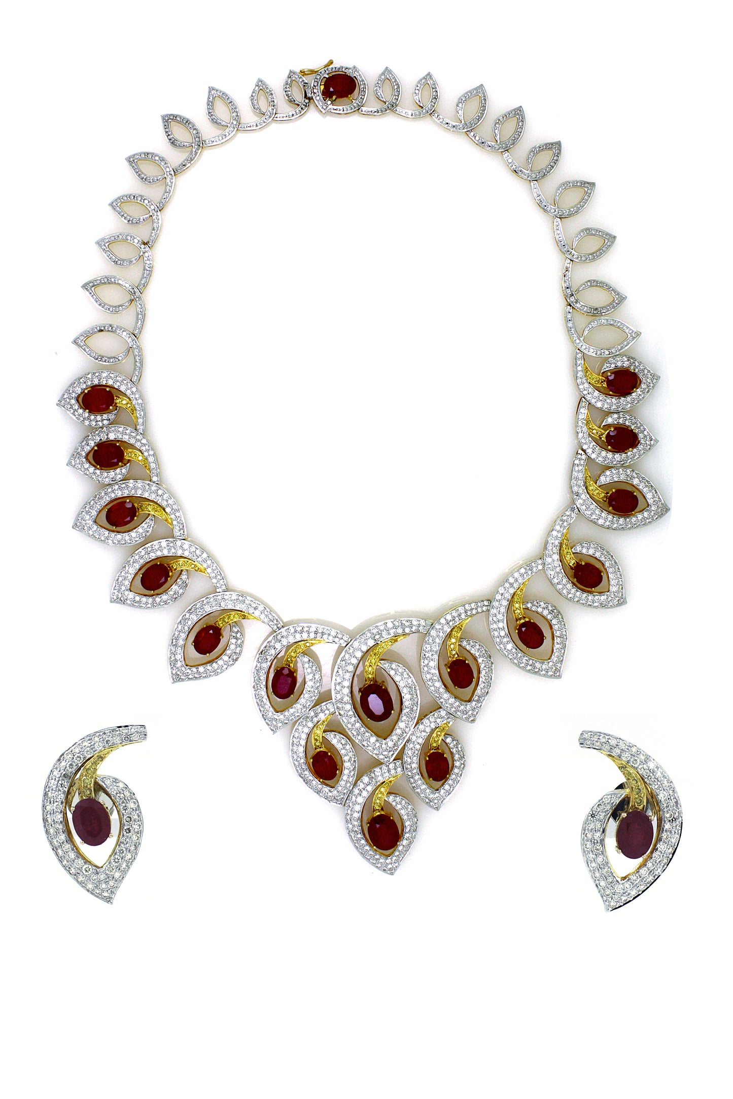 14K Gold Ruby Floral Necklace Set with White and Yellow Diamonds