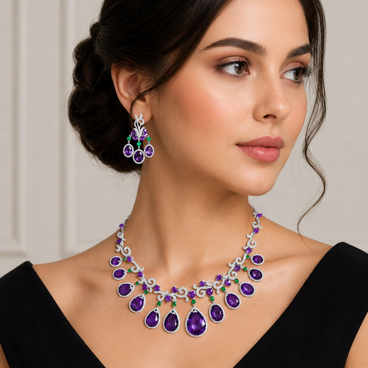 18K White Gold Amethyst Cluster Necklace with Emeralds and Diamond